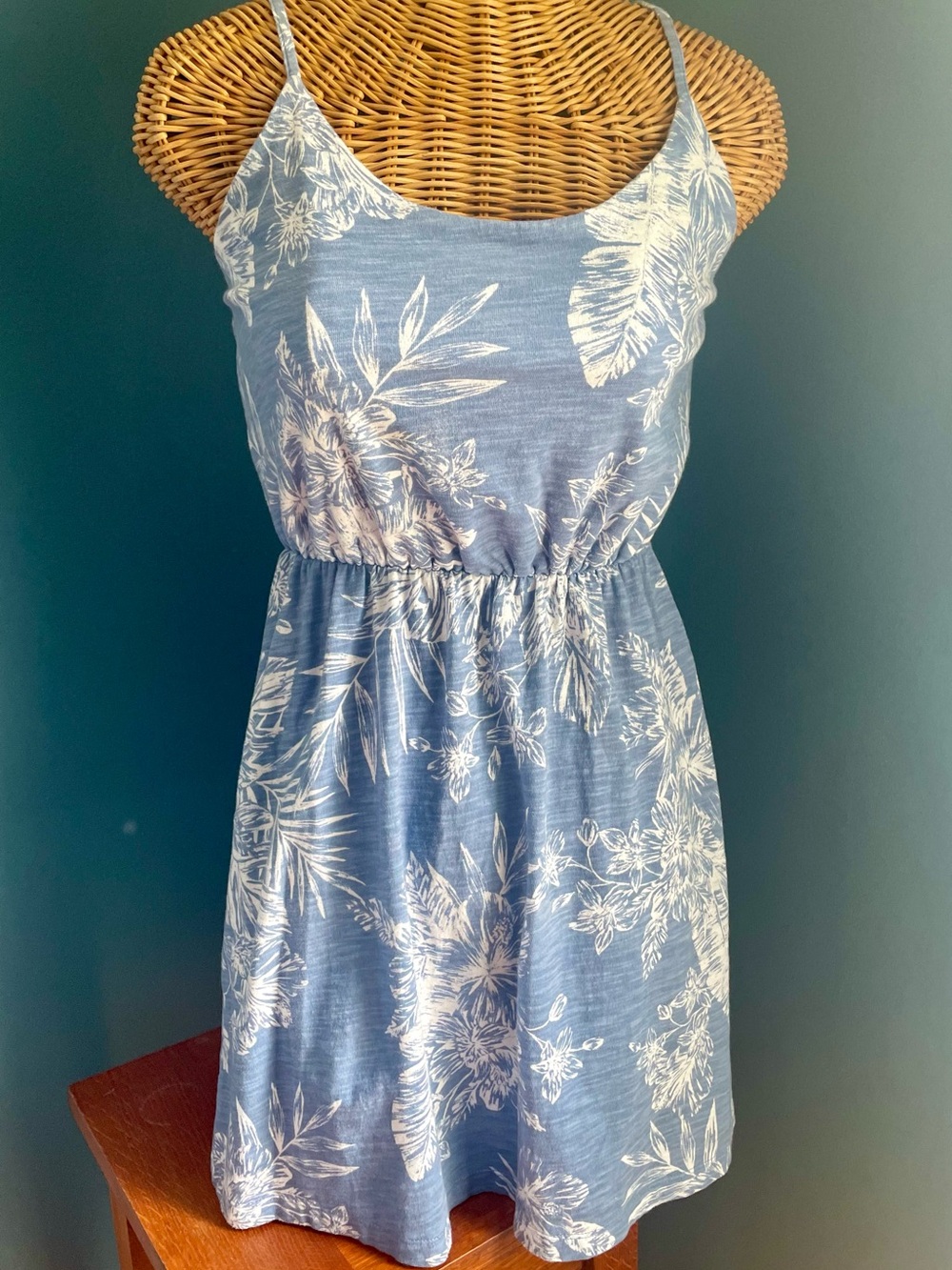 Old Navy Women’s Cinched Waist Mini Dress Tropical Blue Palm Print Cotton XS